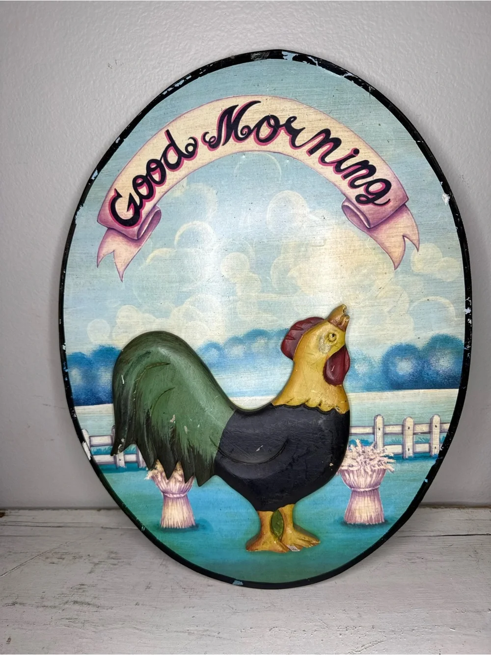 Good Morning Rooster Wall Plaque - Green, Black, Yellow